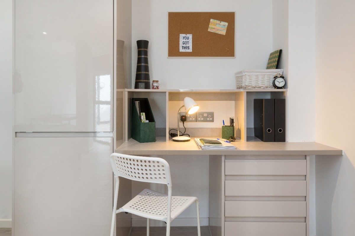 study table in a private studio, a student accommodation in Exeter